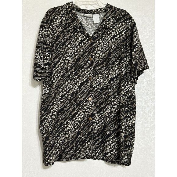Koret Tops - Koret Floral Print V-neck Button Down Short Sleeve Blouse Top Black Tan White 22
